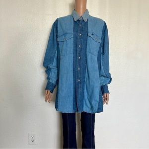 Vintage Lone Roo Roper Denim Colorblock Western Button Down Shirt size S